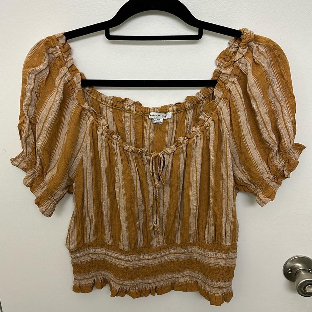American Eagle Orange Striped Smocked Waist Top, Size L